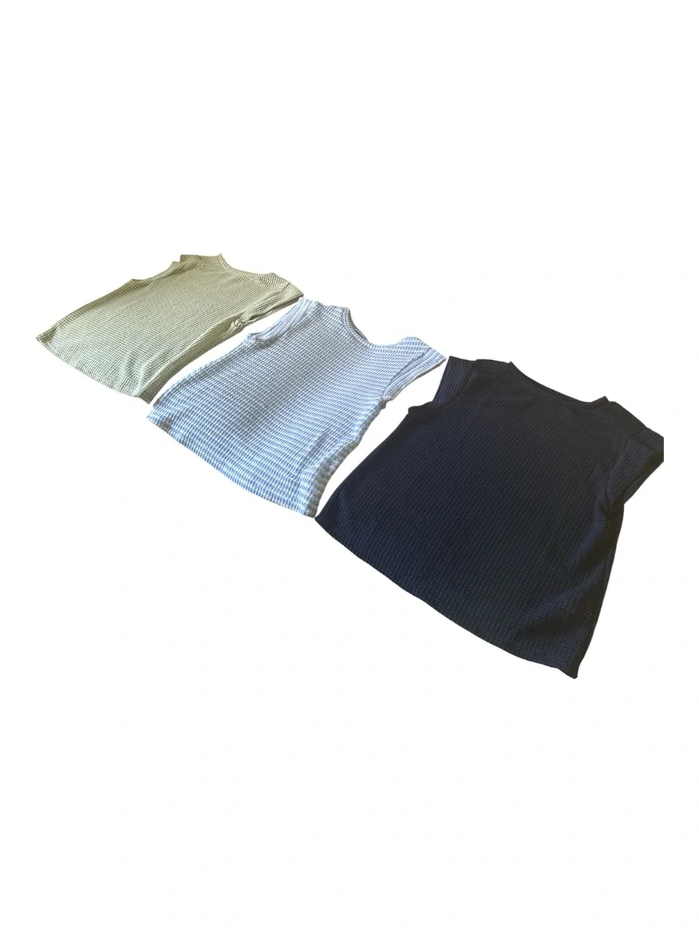 SHEIN Women’s Sleeveless Waffle Three top bundle- Blue& White, Sage and navy.